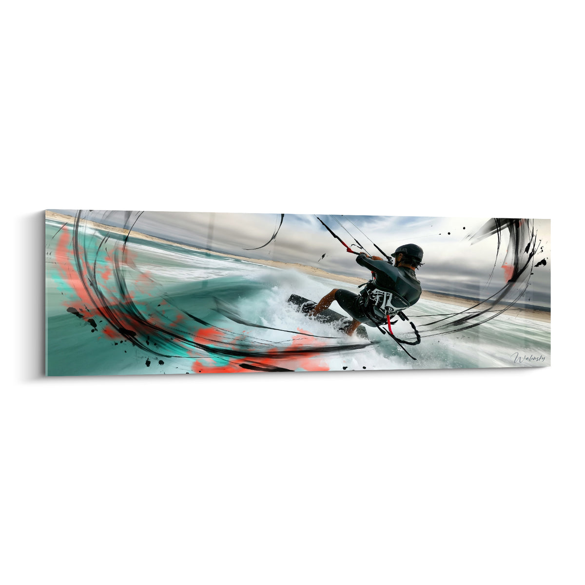 Kitesurfeur en combinaison anthracite fendant une vague turquoise aux éclats corail vifs