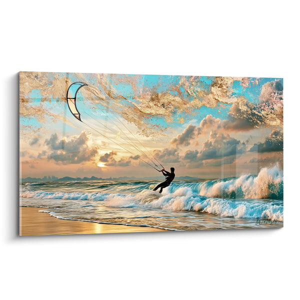 Tableau Kitesurfeur doré face aux vagues turquoise - Envol au crépuscule - Edition Kite surf