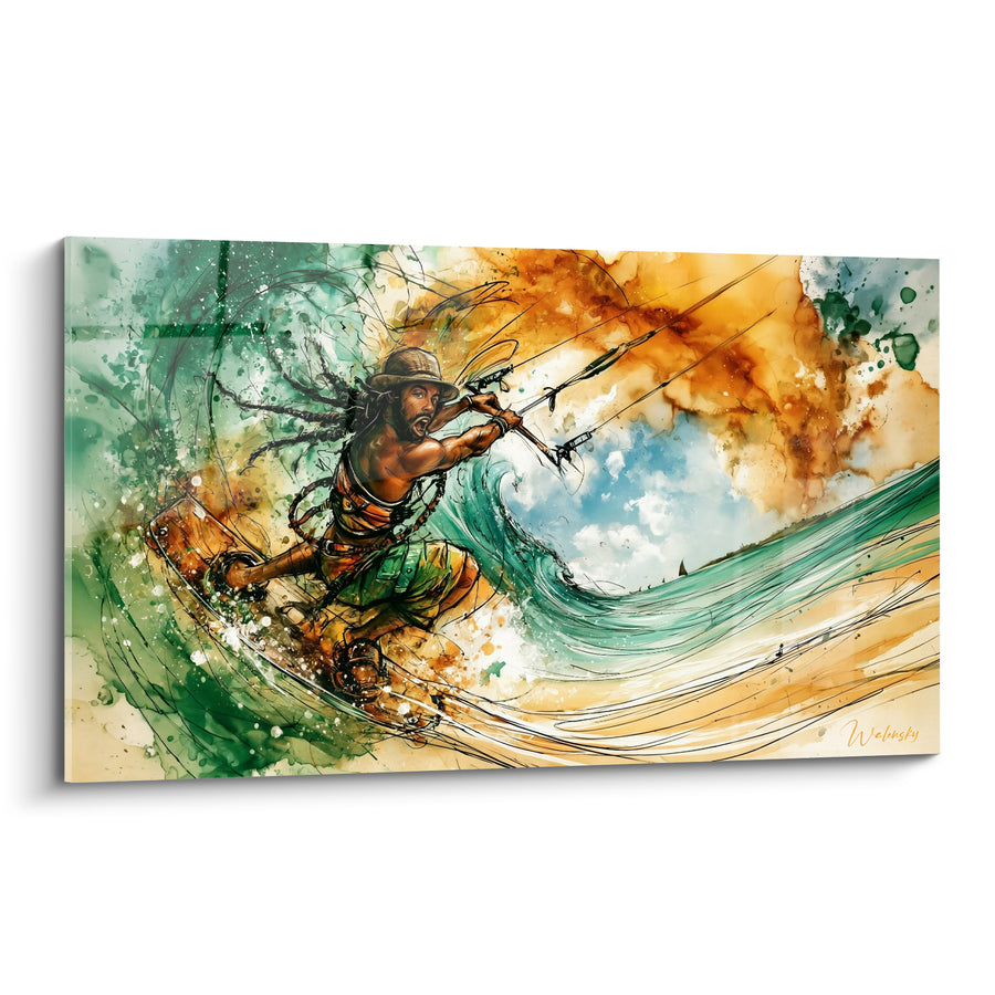 Tableau Kitesurfeur aux vagues turquoise et ocre - Élan sur la vague - Edition Kite surf