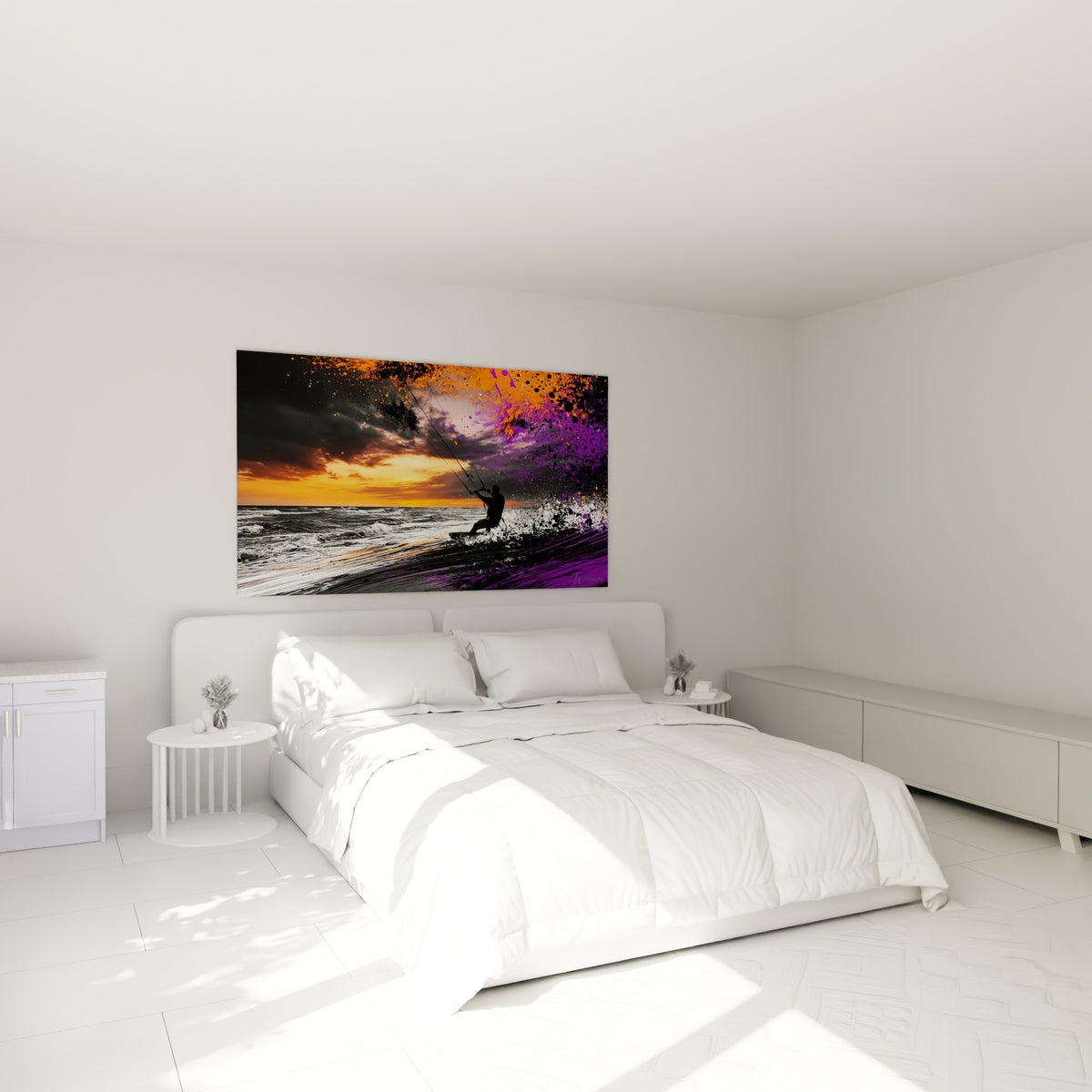 Rider en silhouette fendant les vagues sous un ciel orange et violet, au-dessus d'un lit dans une chambre claire