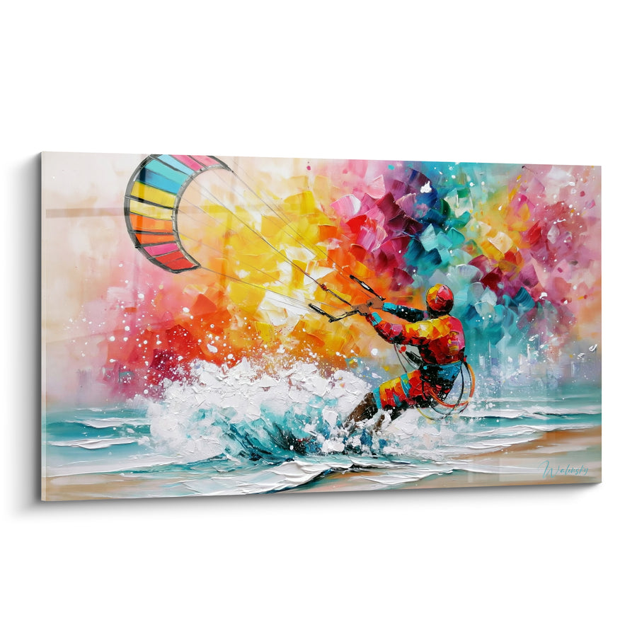 Tableau Kitesurfeur multicolore sur vagues d'écume - Sursaut d'adrénaline - Edition Kite surf