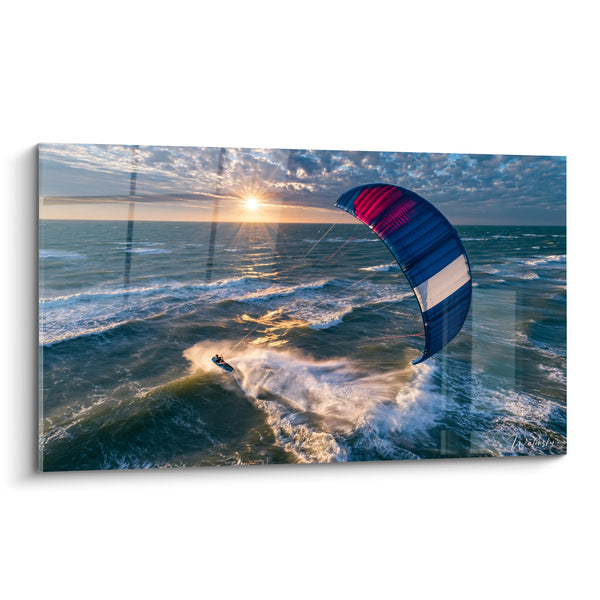 Kitesurfer Painting Blue Navy and Pink Sail on Sparkling Sea - Sun Piercing Through Clouds - Kite Surf Edition