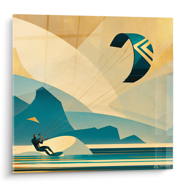 Tableau Kitesurfeur doré aux voiles bleu pétrole - Souffle du large - Edition Kite surf