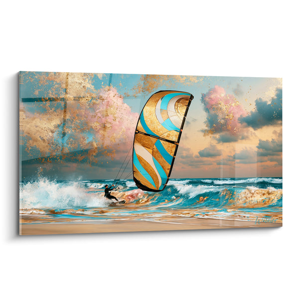 Tableau Kitesurfeur voile dorée et bleu turquoise - Envol sur l'écume - Edition Kite surf