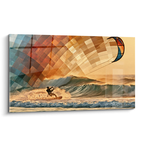 Tableau Kitesurfeur voile ocre et bleue au coucher du soleil - Course dorée sur les vagues - Edition Kite surf