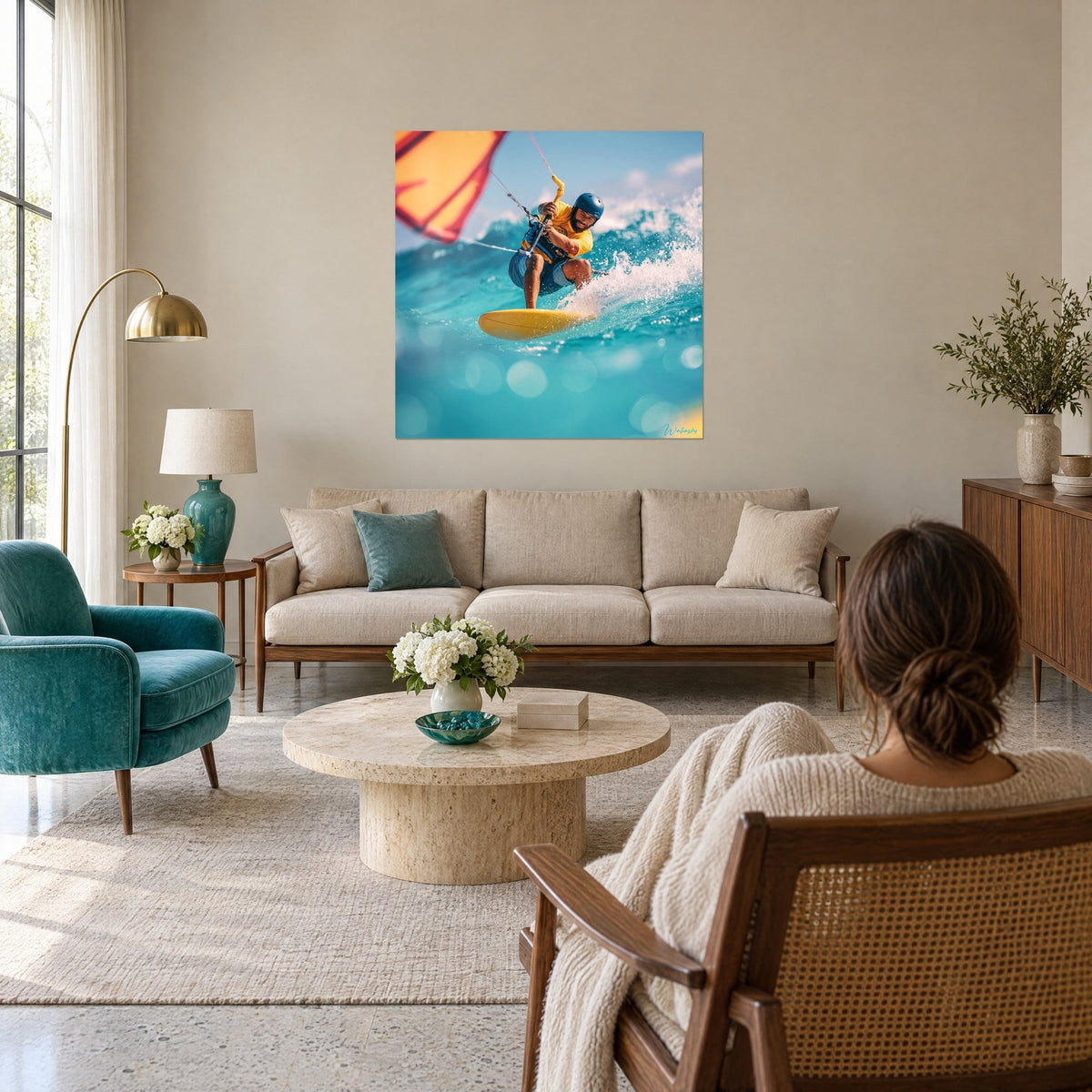 Tableau kitesurfeur casque bleu fendant une vague turquoise, planche jaune et aile orange, au-dessus d'un canapé dans un salon lumineux