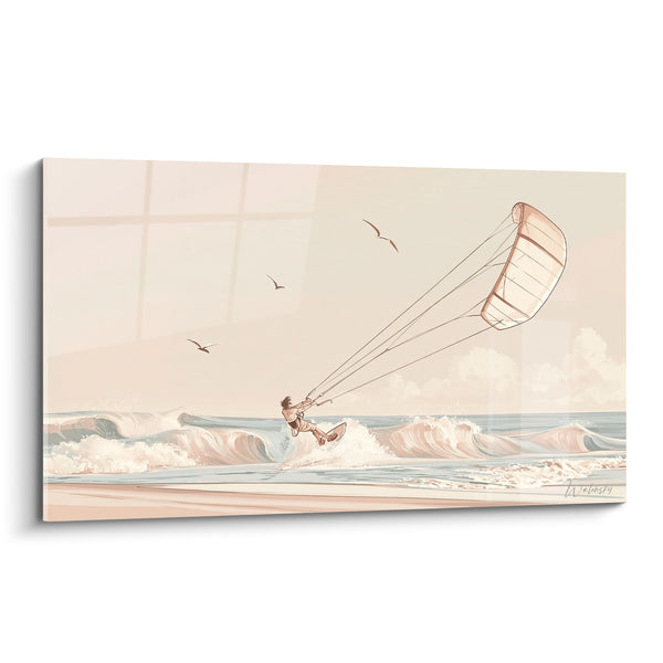 Tableau Kitesurfeur voile rose et vagues turquoise - Envol au grand large - Edition Kite surf