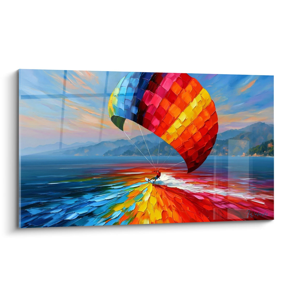 Kitesurfeur glissant sous une voile rouge et bleue, peinture à l'empâtement sur océan bleu profond