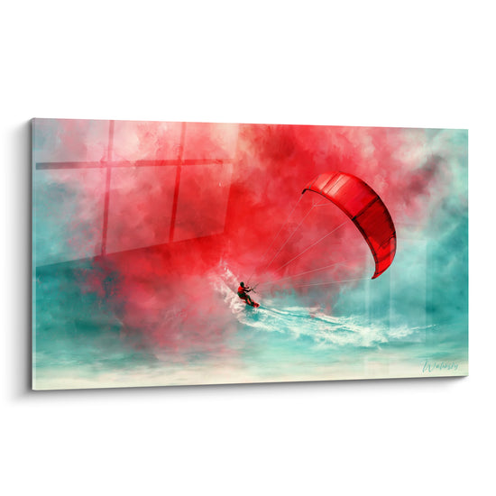 Tableau Kitesurfeur voile rouge nuage écarlate turquoise - Fenêtre à carreaux - Edition Kite surf