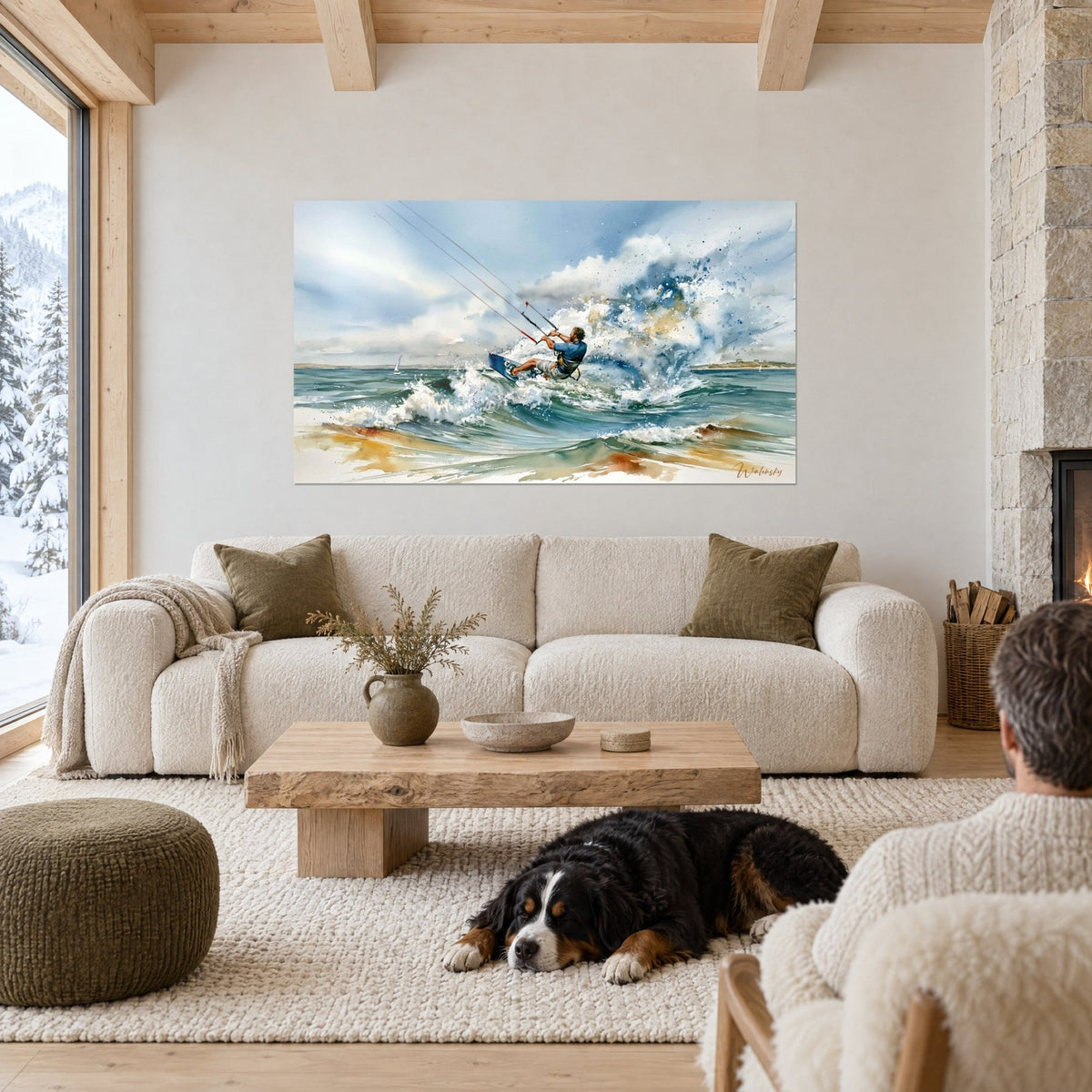 Tableau kitesurfeur en chemise bleue bondissant dans une gerbe d'écume blanche, mer verte, au-dessus d'un canapé dans un salon lumineux