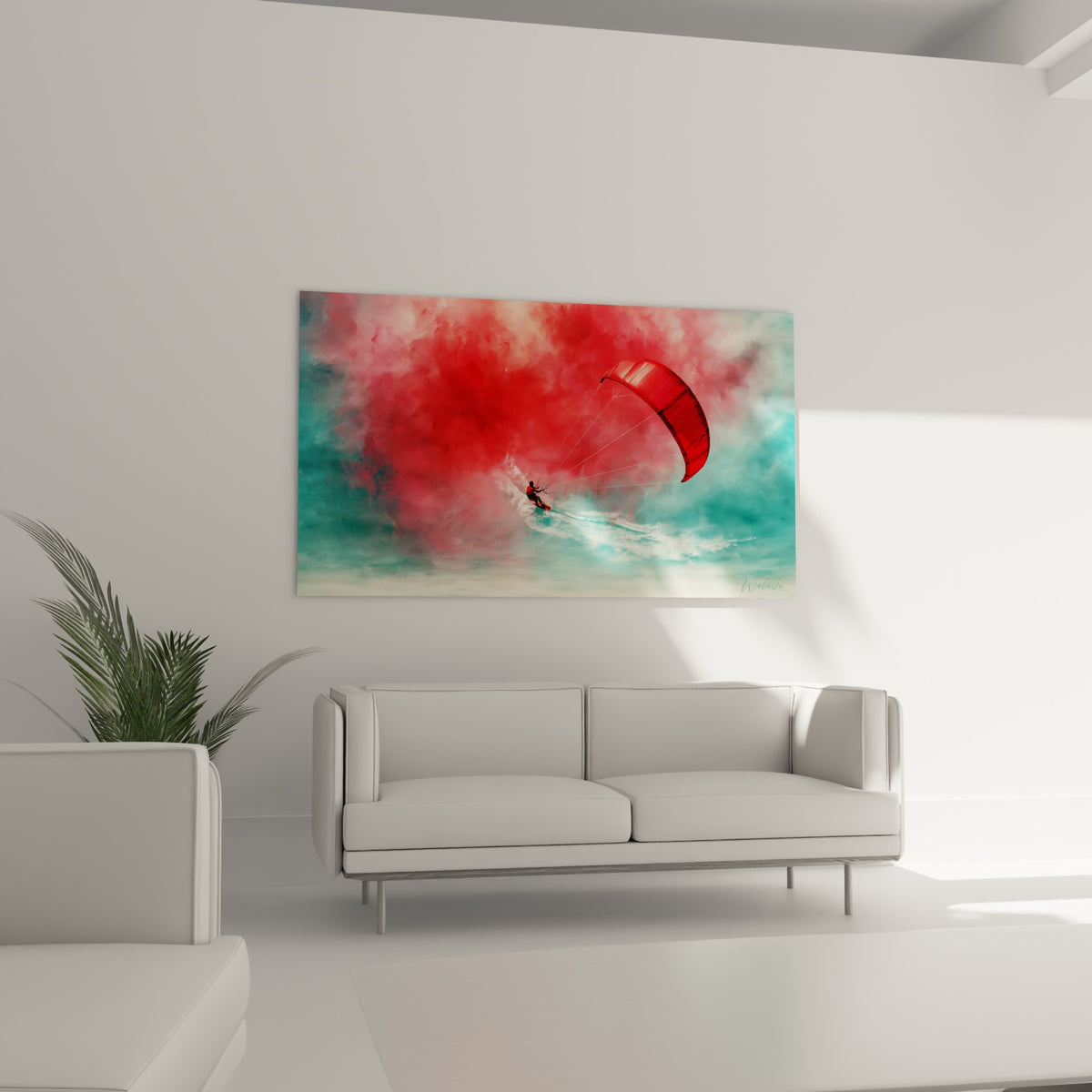Voile écarlate tendue et sillage blanc du kitesurf, au-dessus d'un canapé dans un salon lumineux