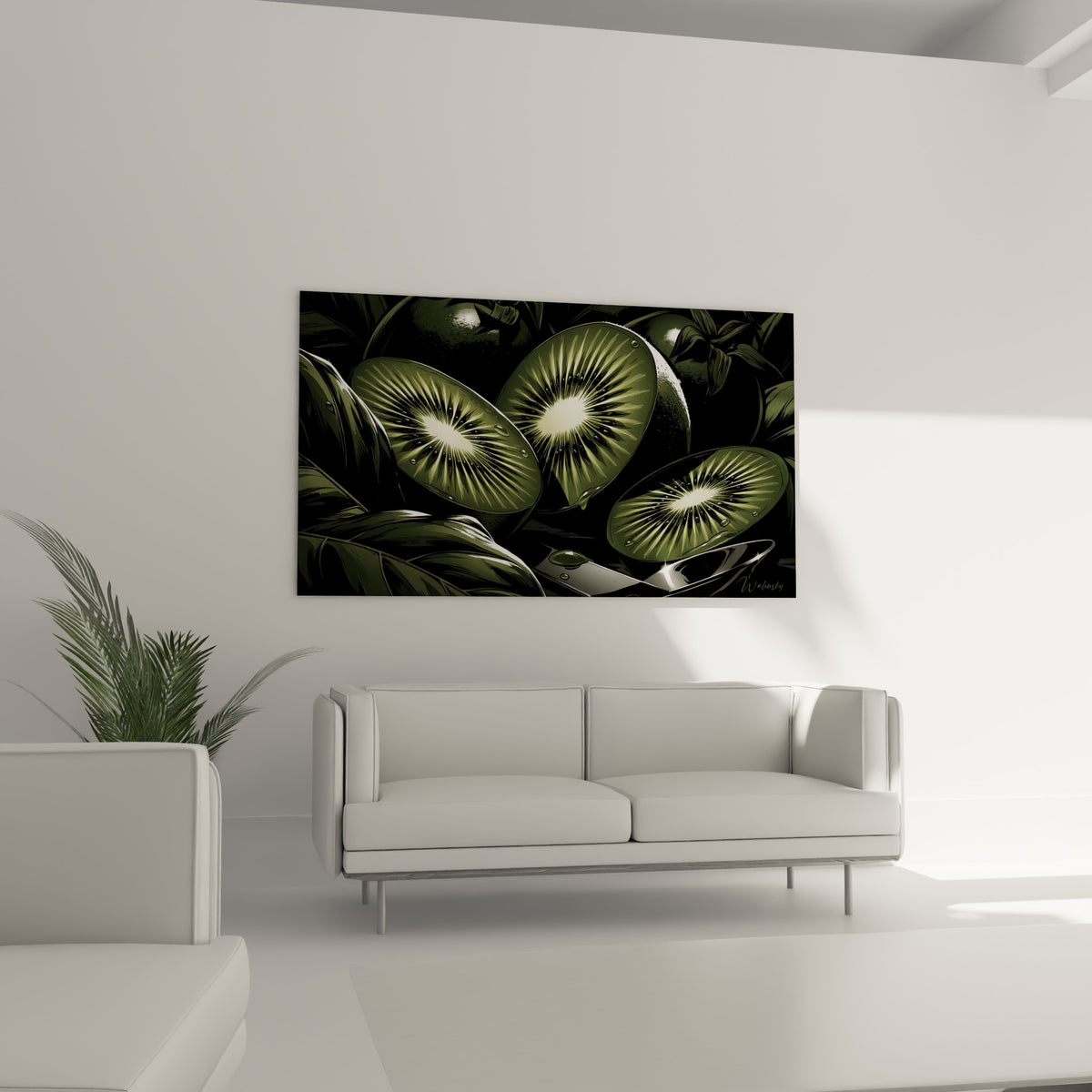 Tranches de kiwi vert olive et noir profond, disposées au-dessus d'un canapé dans un salon lumineux