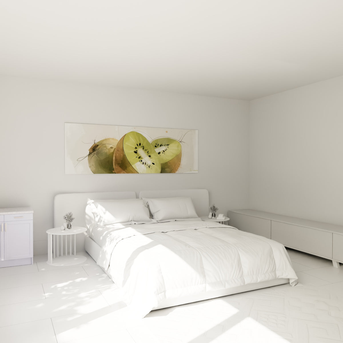Trois kiwis vert et brun tranchés, peinture délicate, accrochés au-dessus d'un lit dans une chambre claire