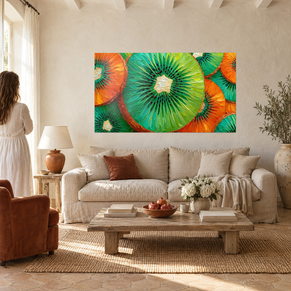 Tableau tranches de kiwi émeraude et orange en pâte épaisse, femme de dos, au-dessus d'un canapé dans un salon lumineux