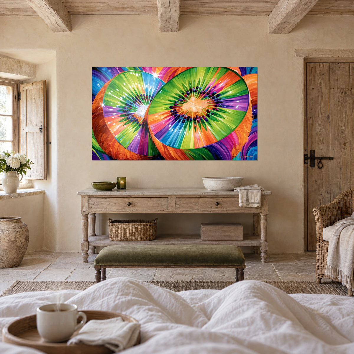 Tableau éclatement tropical de tranches vertes et pourpres, peau orange hérissée, au-dessus d'un lit dans une chambre claire