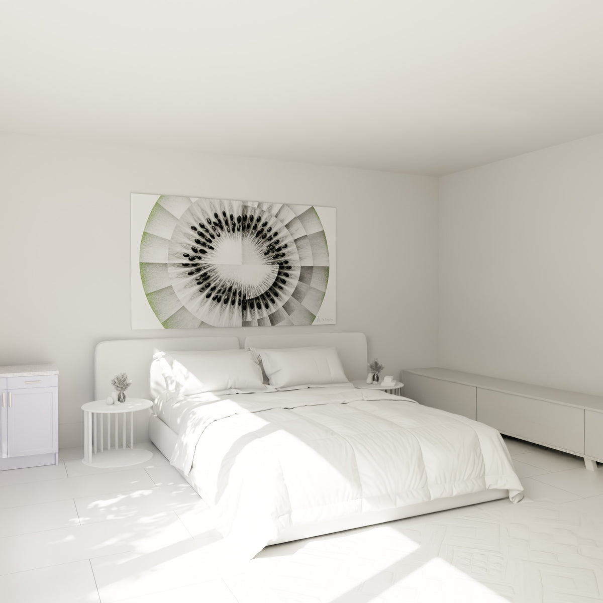Coupe de kiwi vert et blanc laiteux aux pépins noirs, accrochée au-dessus d'un lit dans une chambre claire