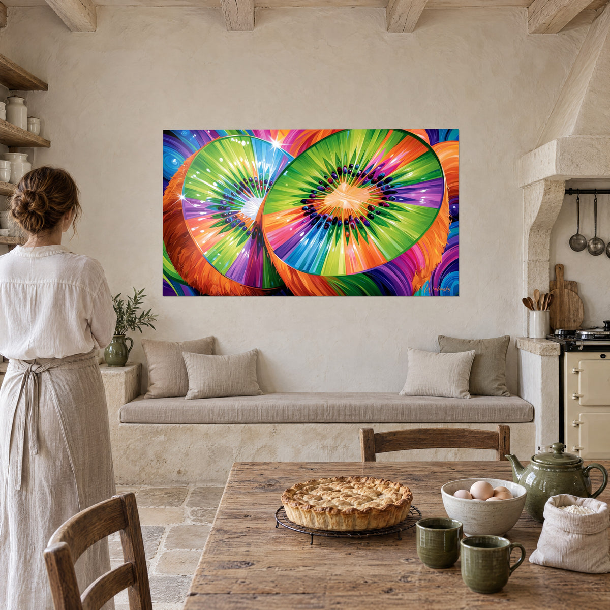 Tableau kiwis psychédéliques aux pétales verts, magenta et bleus, une femme en tablier de dos devant une tarte, cuisine en pierre