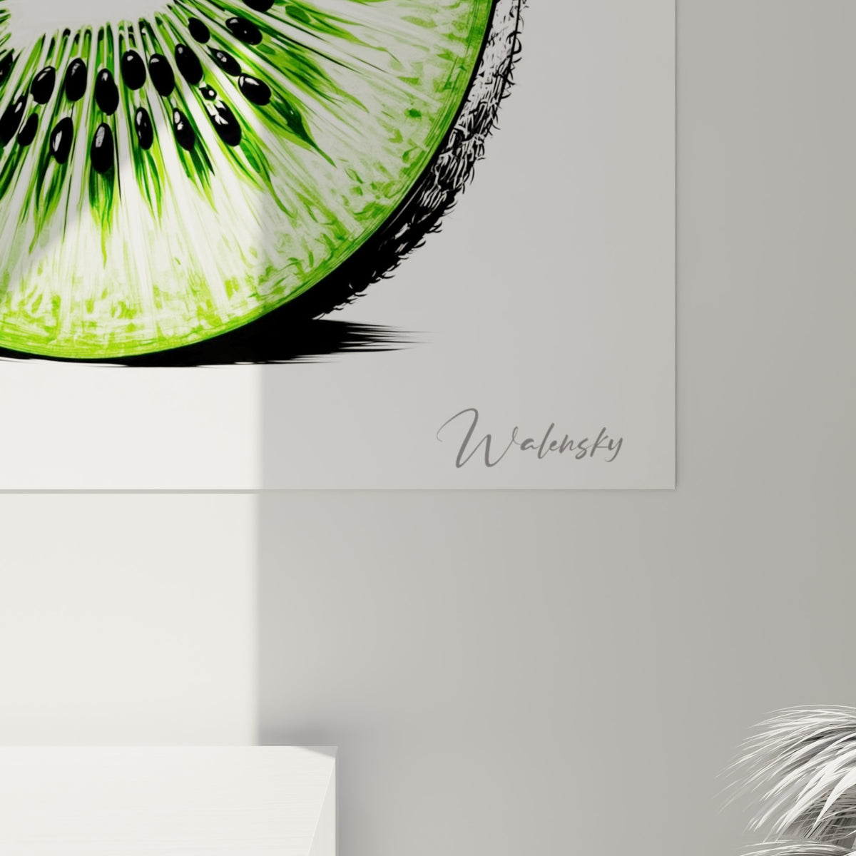 Détail rapproché des pépins noirs et de la chair verte striée du kiwi peint