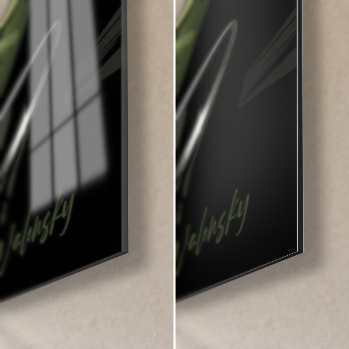 Tableau kiwis tranchés noir et vert olive, coin bas droit : verre acrylique brillant avec reflets à gauche, alu Dibond mat à droite