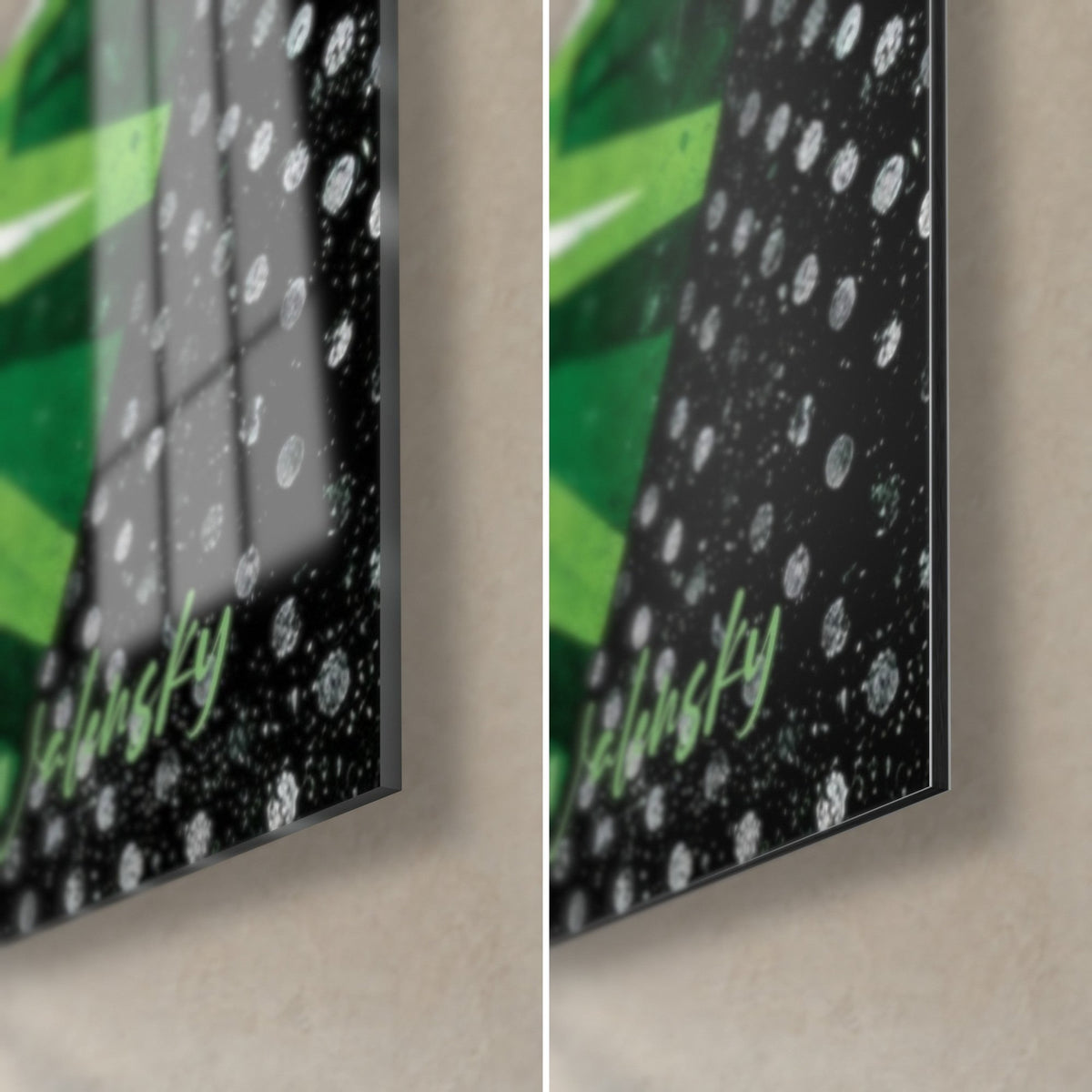 Cuadro mirada verde kiwi con rayos blancos, esquina inferior derecha: cristal brillante con reflejos, Dibond negro mate punteado, canto de 3 mm