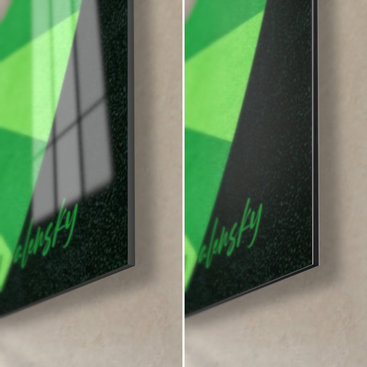 Wall art graphic kiwi, bottom right corner: glossy acrylic glass on the left, matte black Dibond aluminum on the right, 3 mm edge