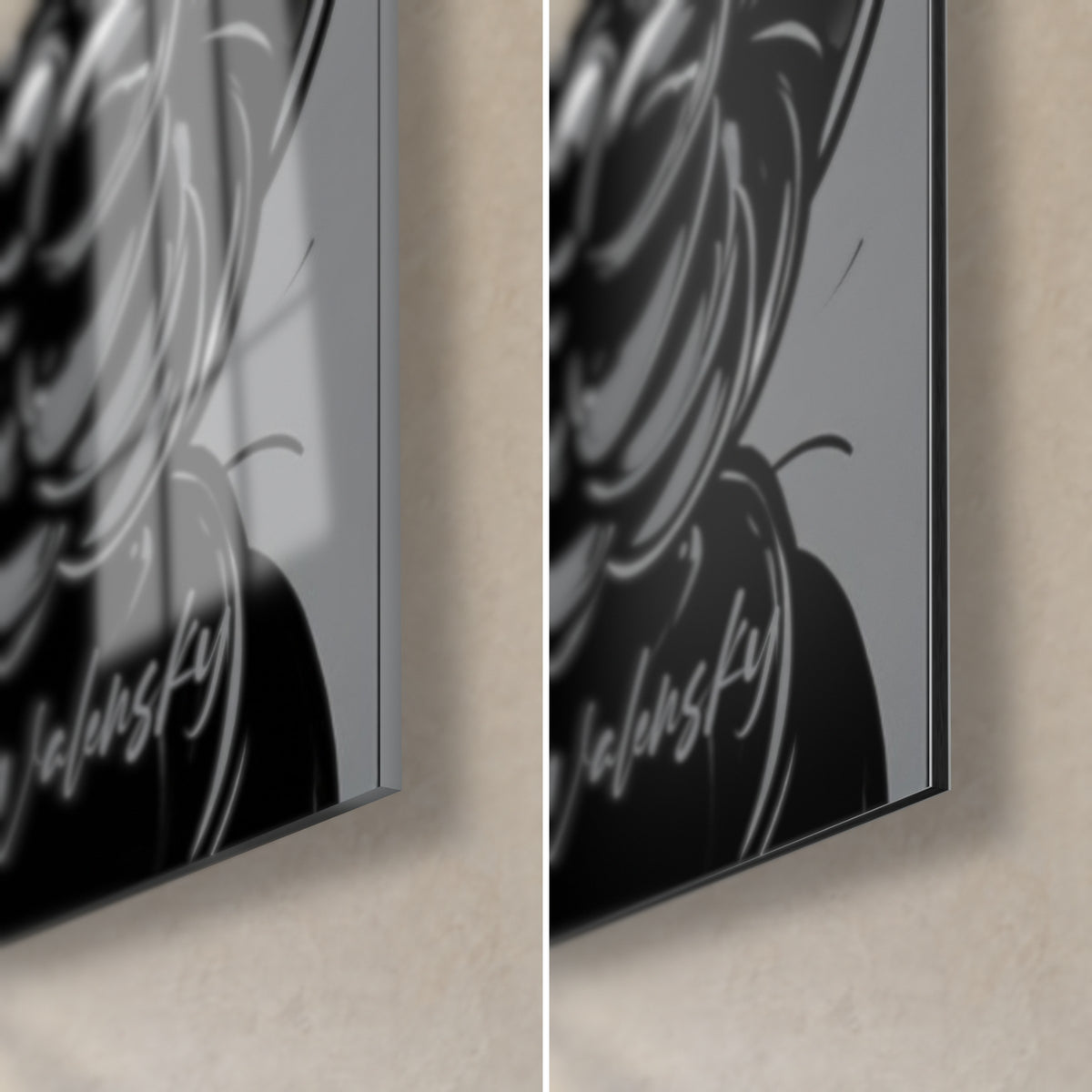 Tableau kiwis tranchés vert et noir, coin bas droit : verre acrylique brillant à gauche, alu Dibond mat à droite, tranche 3 mm