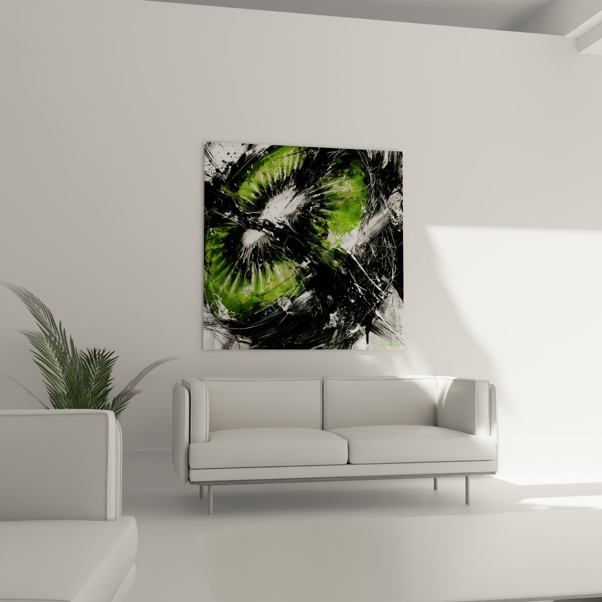 Fruit de kiwi éclaté aux tons verts et anthracite suspendu au-dessus d'un canapé dans un salon lumineux