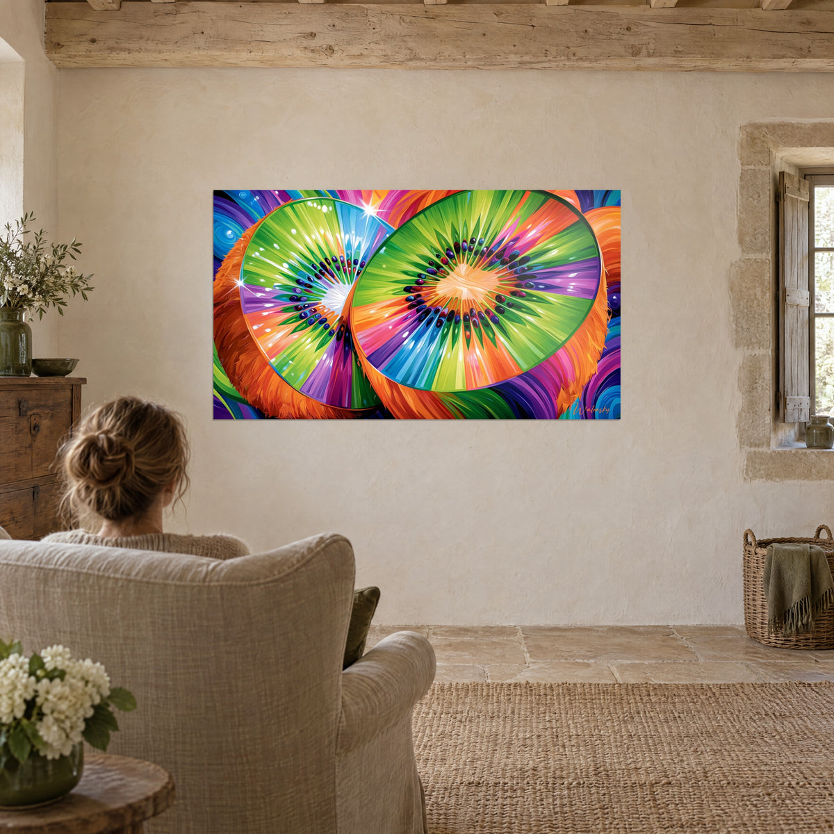 Tableau fruits tranchés en spirales turquoise, jaune et rose, une femme de dos dans un fauteuil, salon voûté en pierre