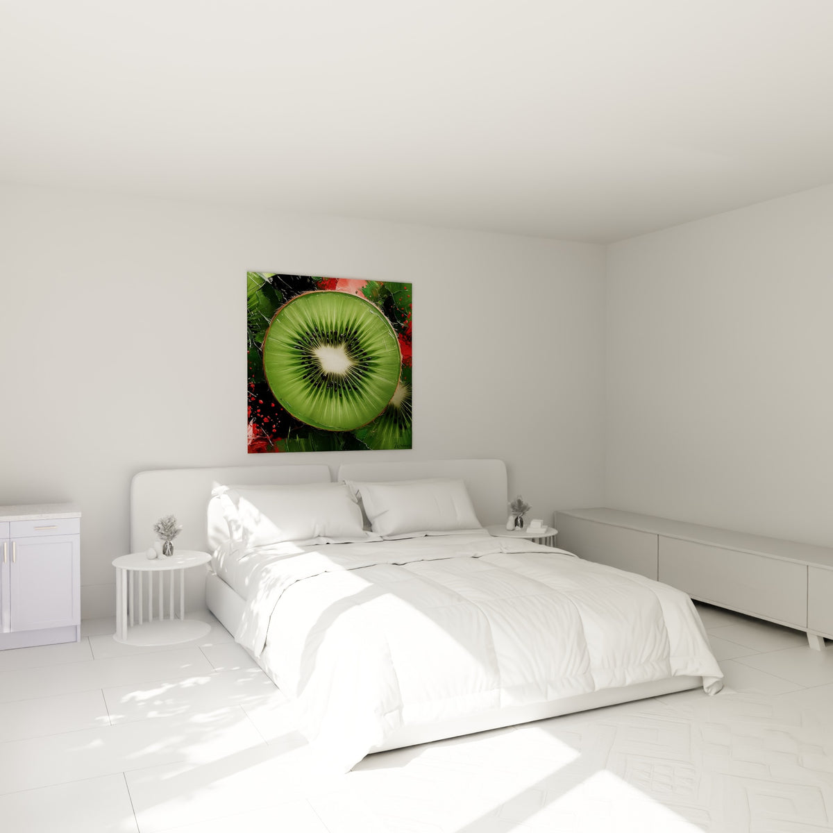 Fruit de kiwi coupé aux tons verts et rouges accroché au-dessus d'un lit dans une chambre claire