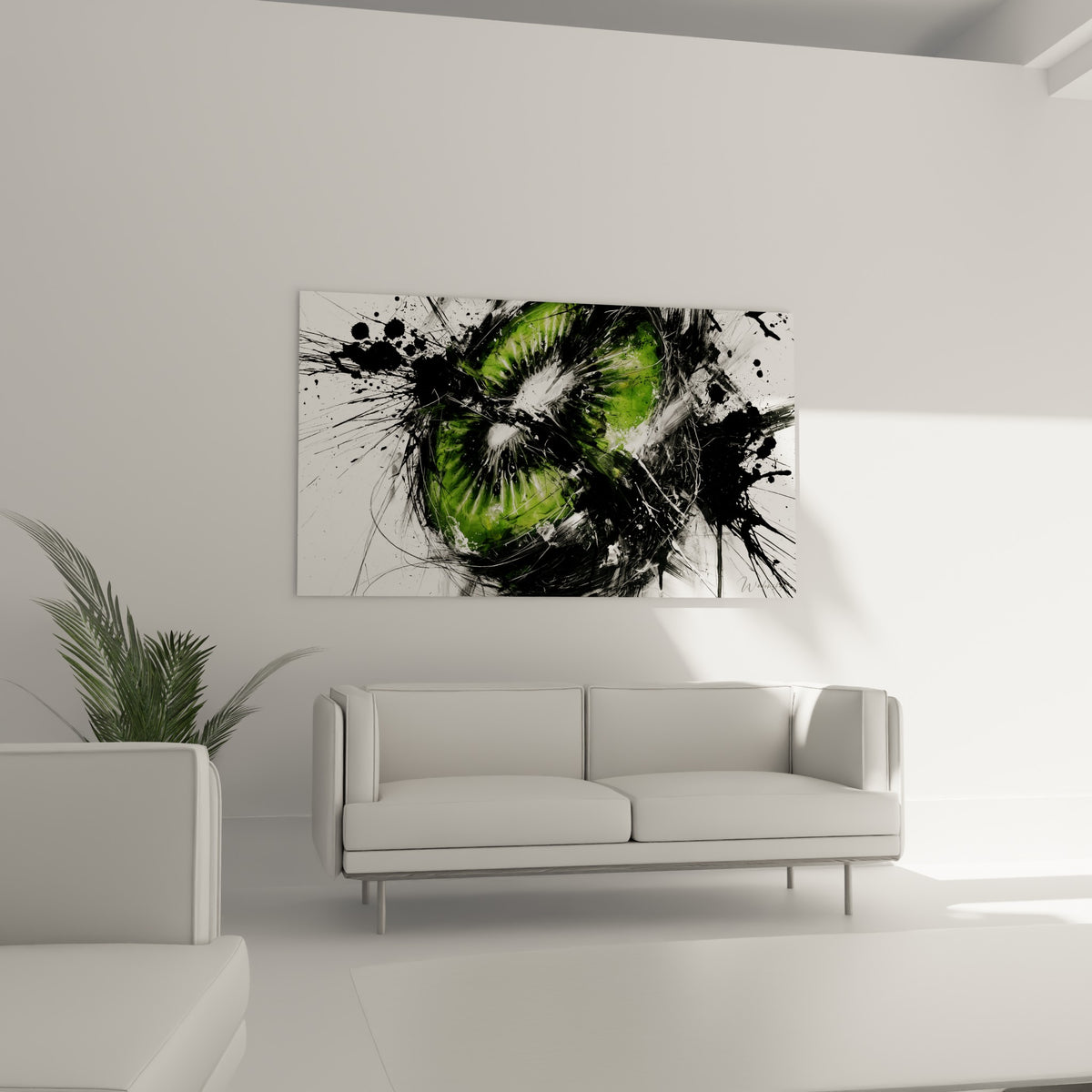 Tranches de kiwi vert et gris suspendues au-dessus d'un canapé dans un salon lumineux