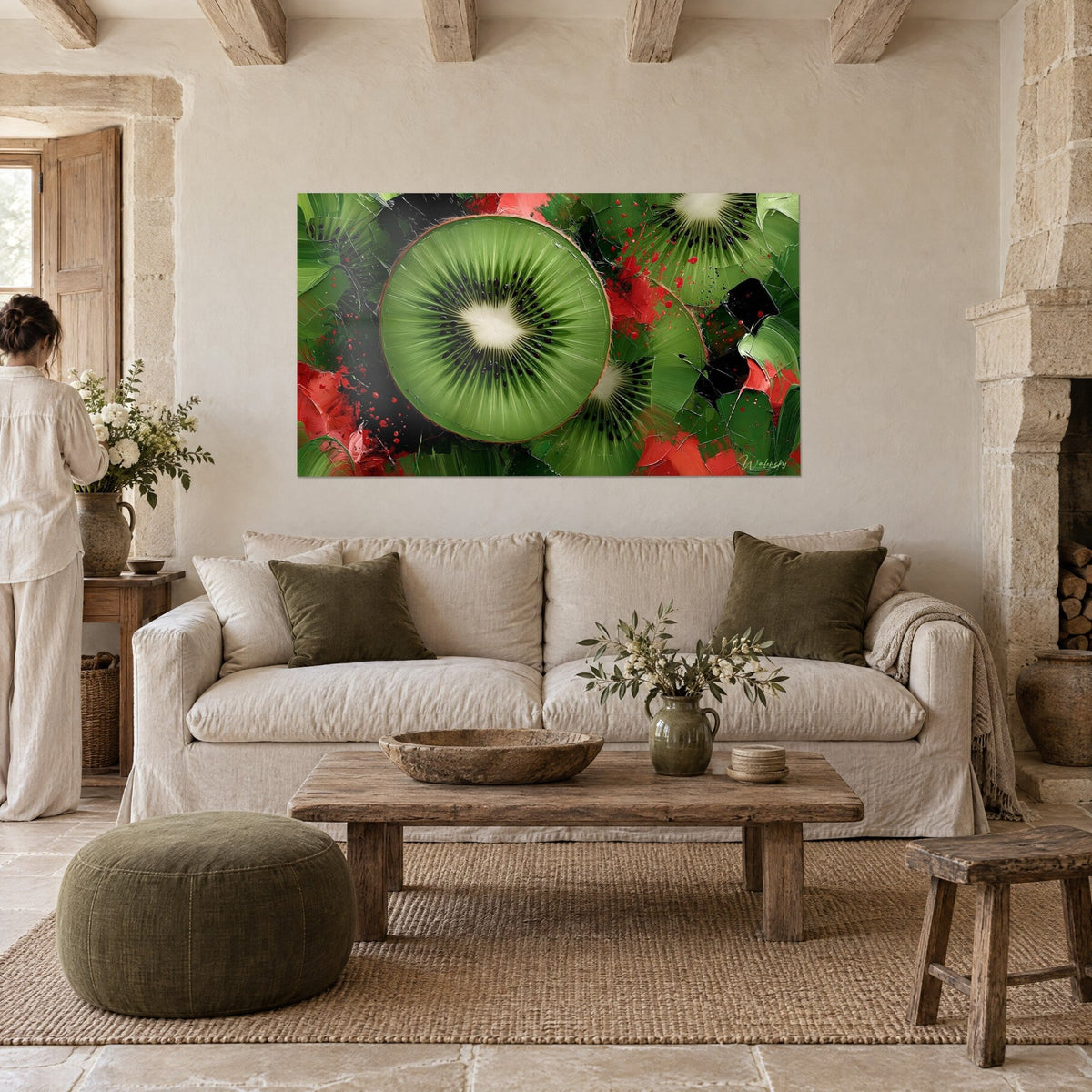 Wall art halved kiwi, tender green flesh with a cream core, red splashes, above a sofa in a bright living room