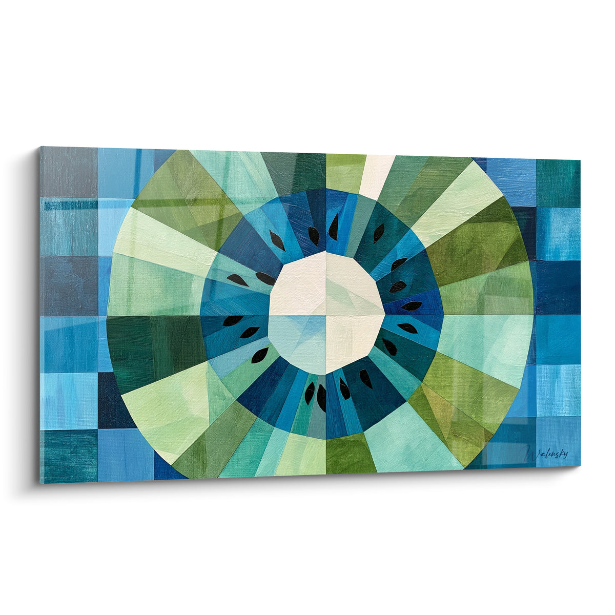 Wall art geometric kiwi in navy blue and olive green segments, ivory central cut with black seeds