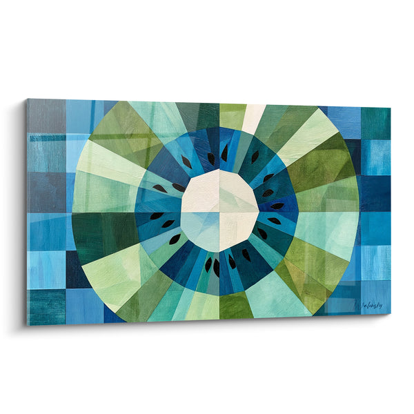 Sliced Kiwi Painting Green and Blue on Checkerboard - Pastel Checkerboard Background - Kiwi Edition