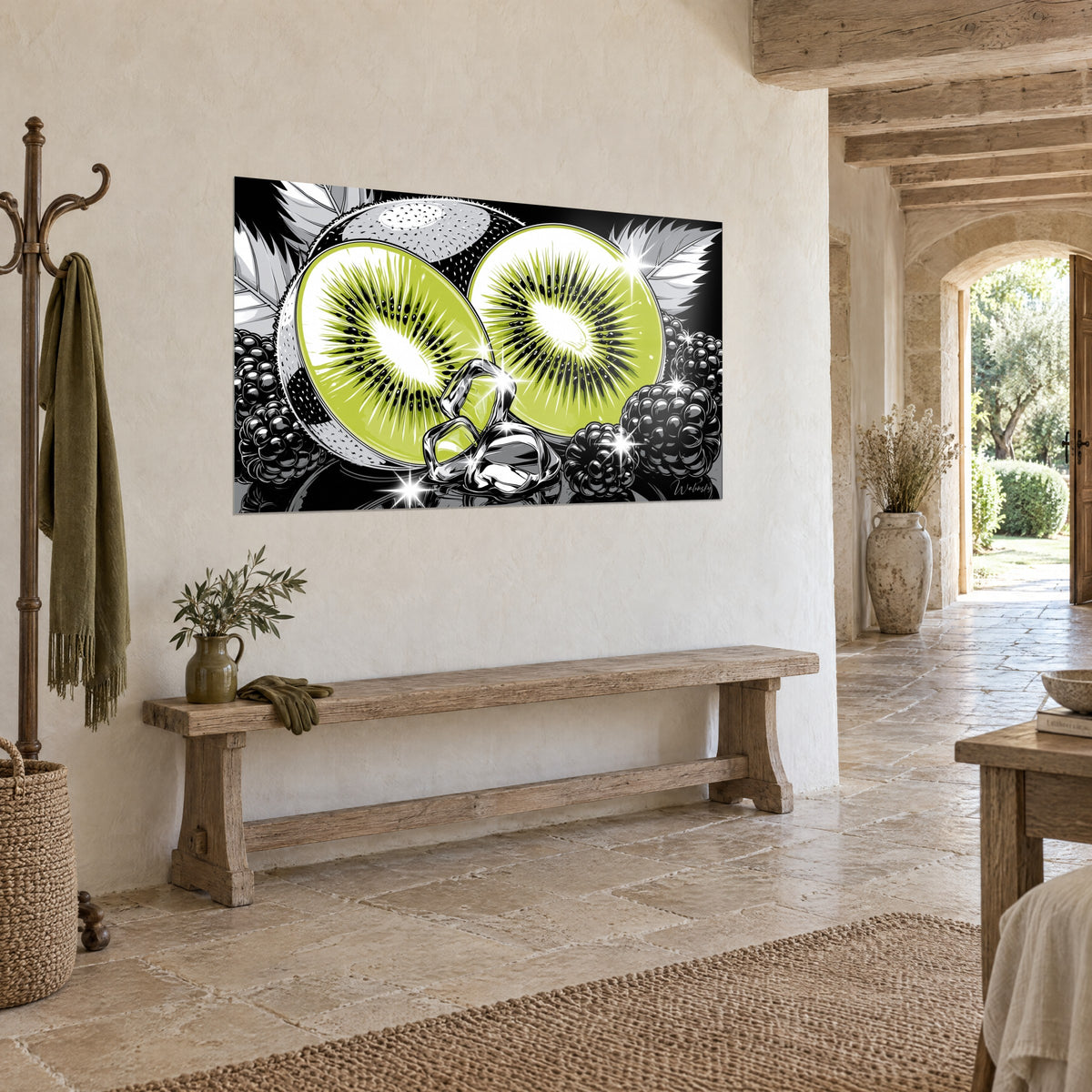 Tableau moitiés de kiwi aux graines noires rayonnantes, feuilles grises et mûres, au-dessus d'un banc en bois, maison en pierre