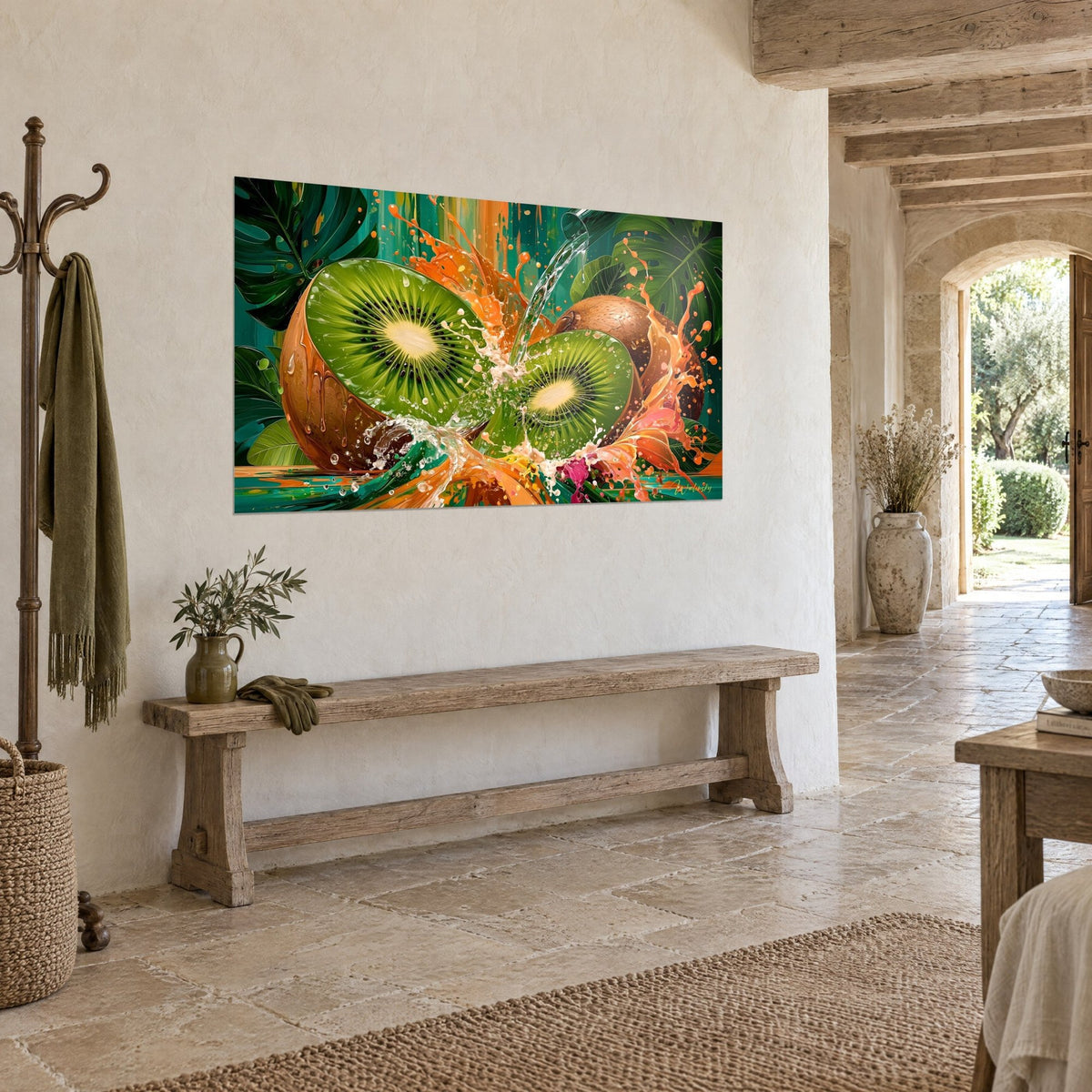 Wall art burst tropical fruits, green flesh and dripping brown skin, orange droplets on monstera leaves, pale stone wall