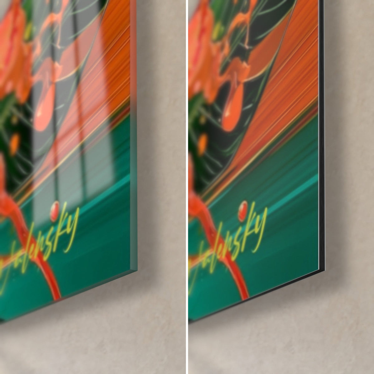 Wall art green kiwi, bottom right corner: glossy acrylic glass on the left, matte Dibond on the right, 3 mm edge, yellow signature on turquoise background