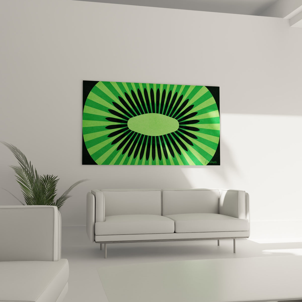 Composition kiwi verte et noire en pointes symétriques, disposée au-dessus d'un canapé dans un salon lumineux