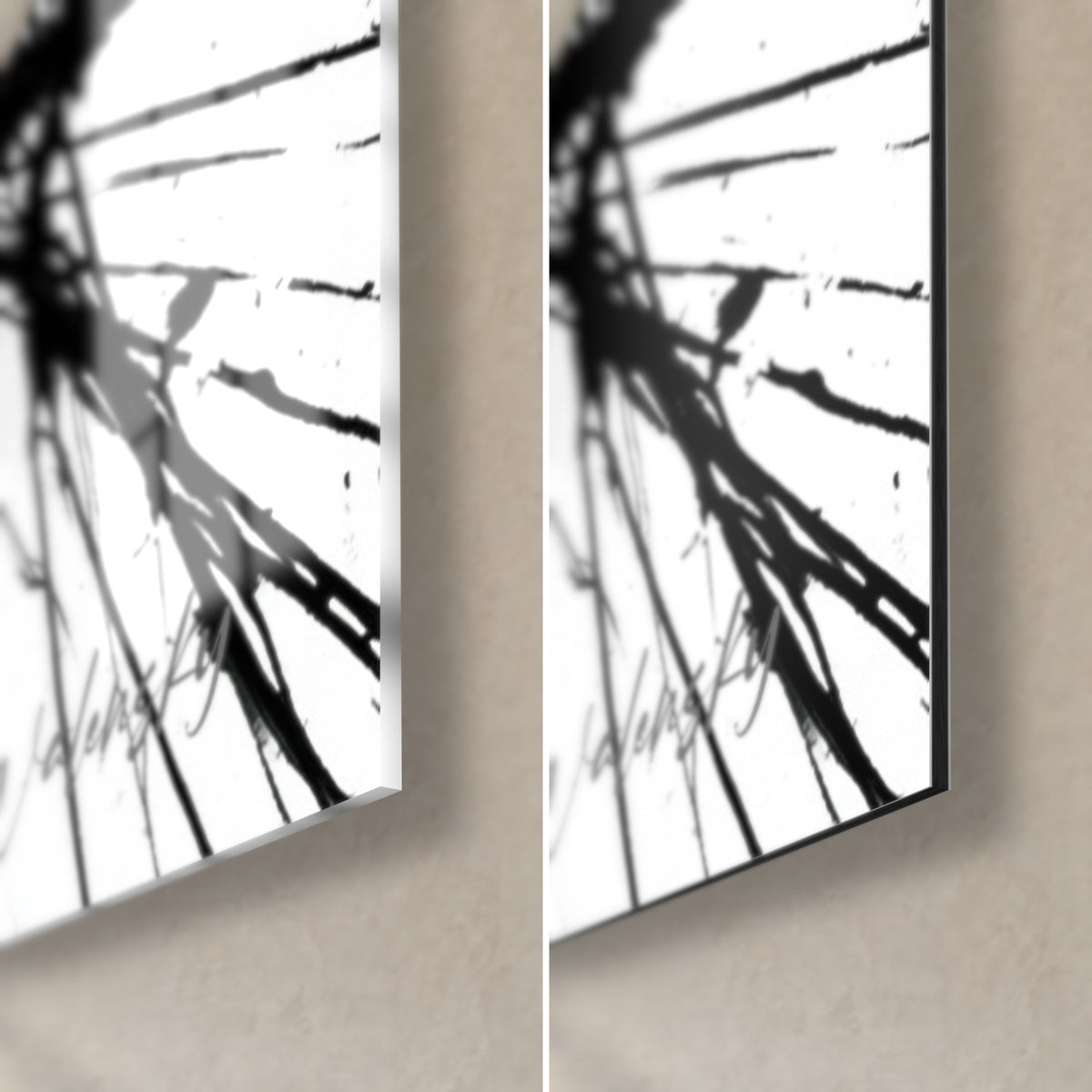 Tableau kiwi vert et noir, coin bas droit : verre acrylique brillant aux reflets, alu Dibond mat noir et tranche de 3 mm