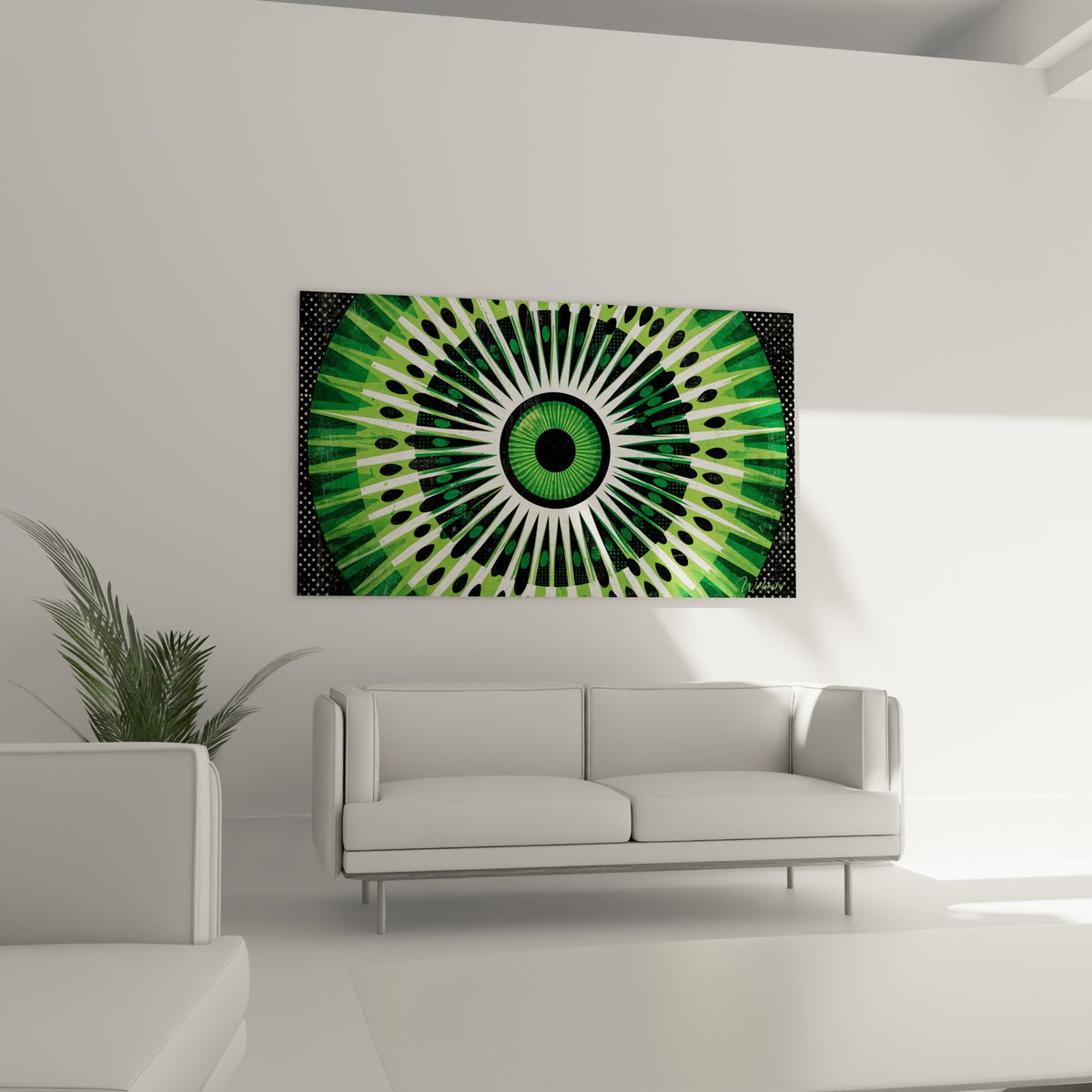 Iris vert vif entouré de cils noirs stylisés, tableau accroché au-dessus d'un canapé dans un salon lumineux