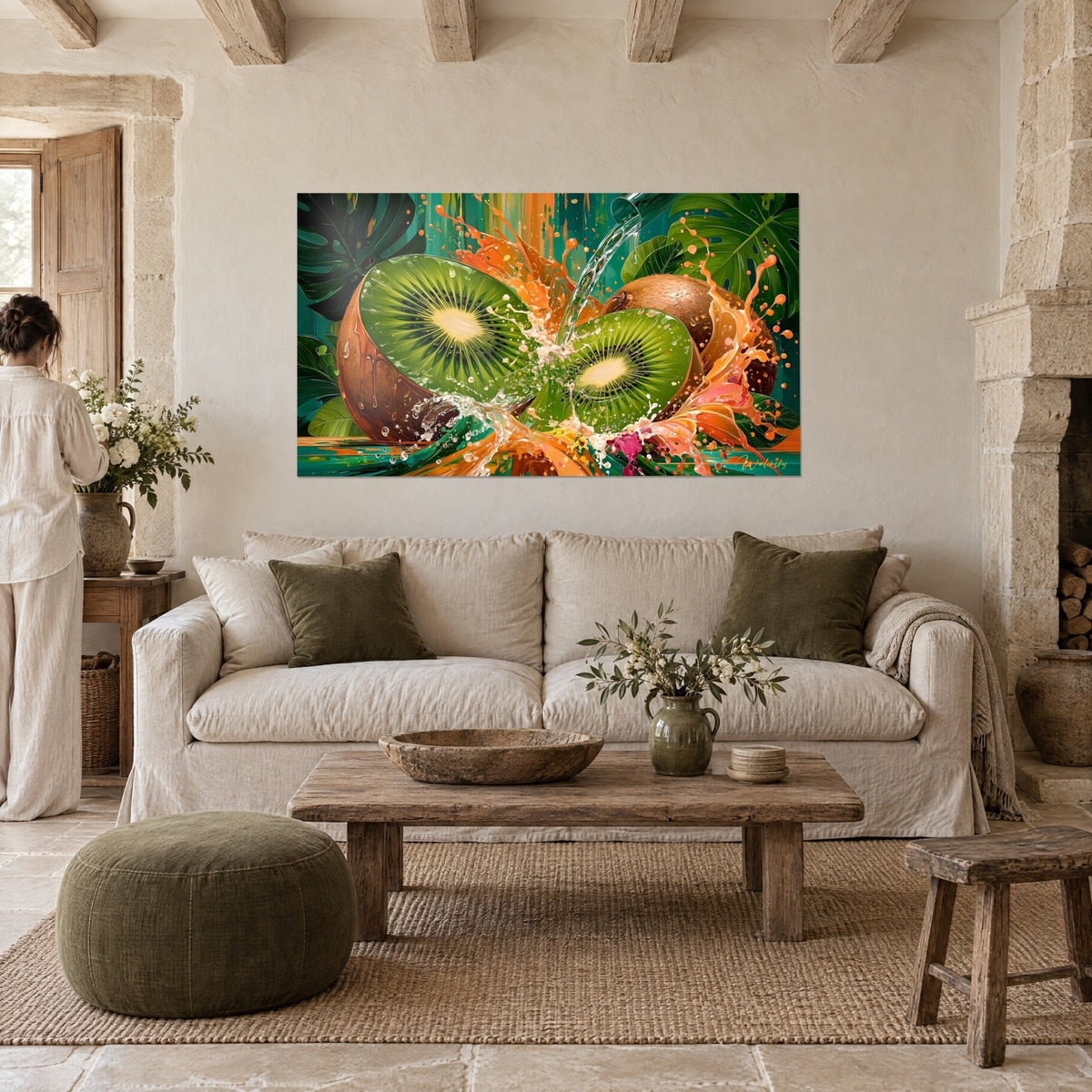 Wall art kiwi halves with creamy hearts, a water jet and orange splashes on an emerald green background, above a sofa in a bright living room