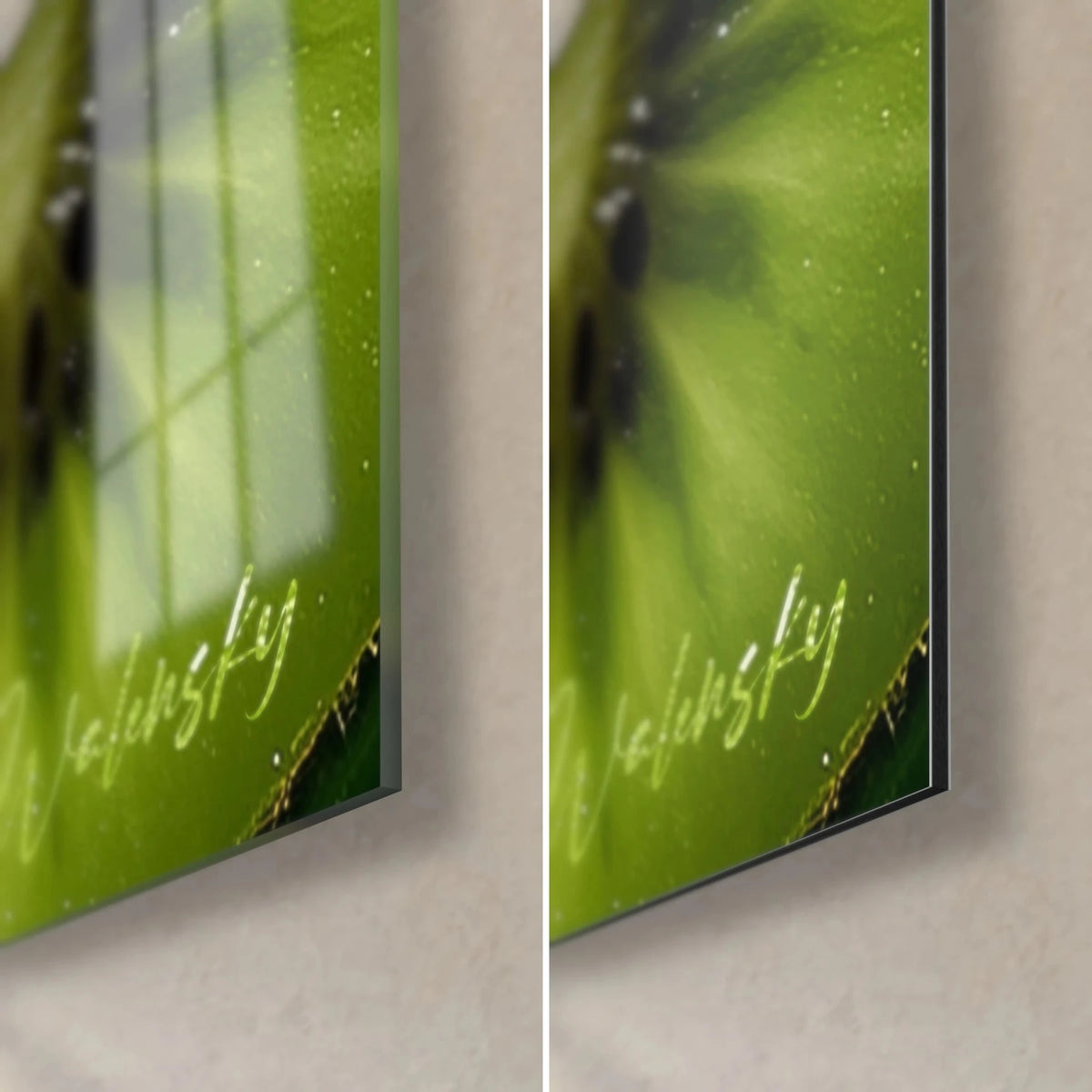 Gemälde Kiwischeiben in lebhaftem Grün, untere rechte Ecke: glänzender Acrylglas links, matter Alu-Dibond rechts, 3 mm Stärke