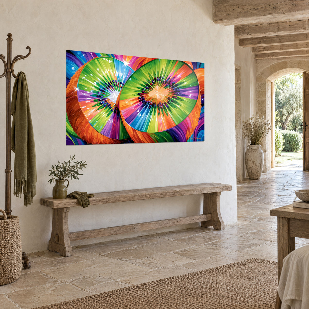 Tableau fruit exotique coupé en deux, pépins noirs et cœur crème, éclats bleus et roses, vu de trois-quarts sur un mur de pierre