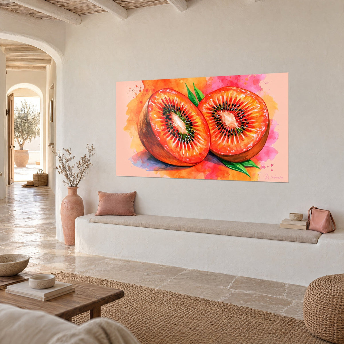 Cuadro fruta en rodajas con rayos escarlata y corazón crema, salpicaduras naranjas y rosas, pared encalada, banco blanco