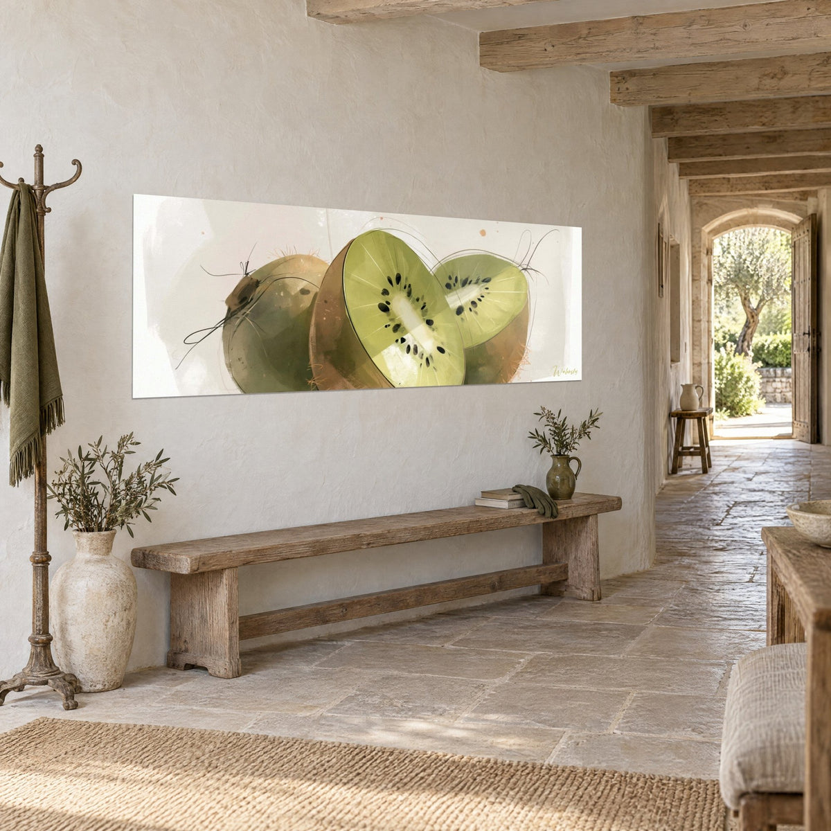 Quadro frutto esotico affettato, verde anice e bruno ruggine, tratto d'inchiostro deciso, in un corridoio in pietra a volta visto di tre quarti