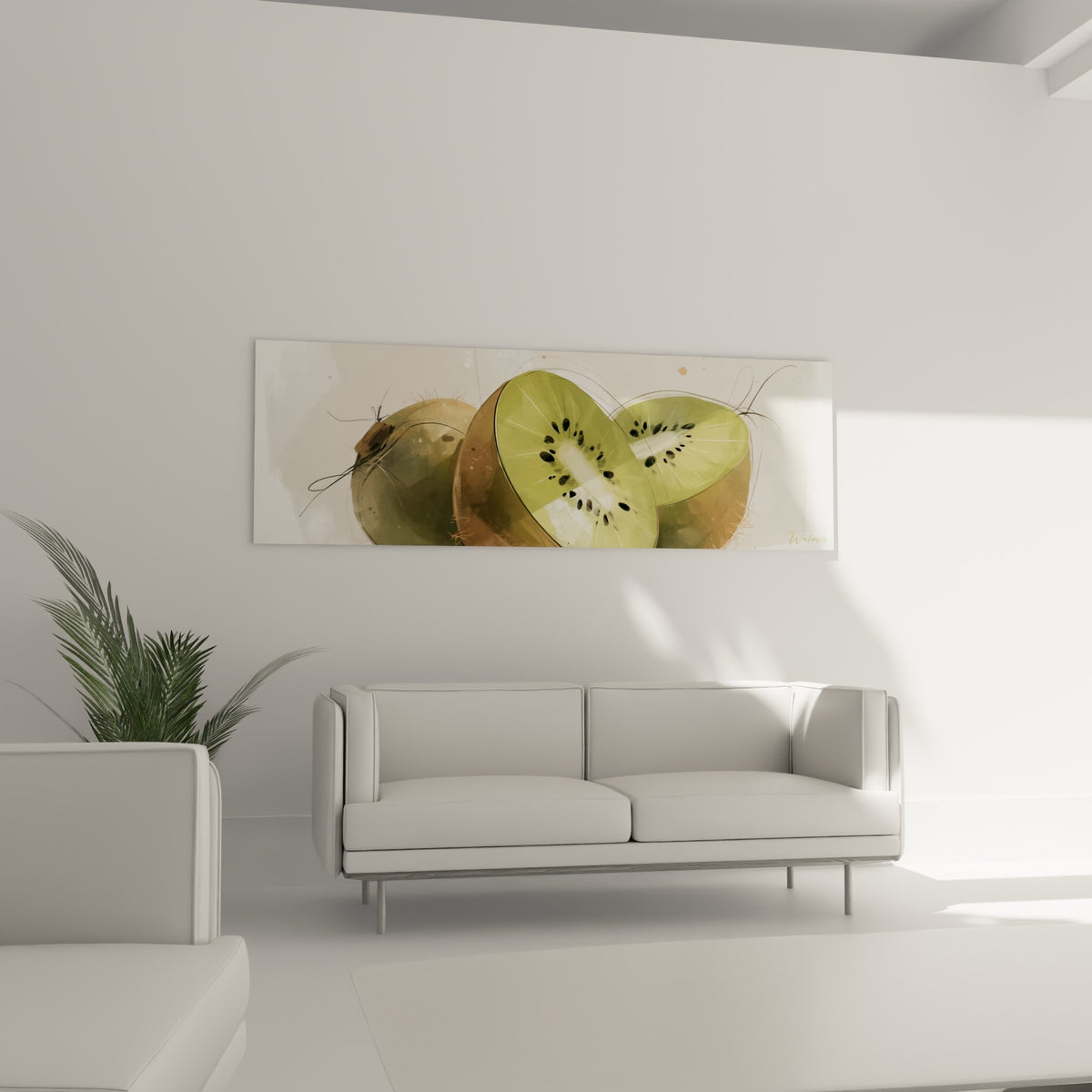Fruits kiwis verts et bruns à la chair juteuse, composition douce, au-dessus d'un canapé dans un salon lumineux
