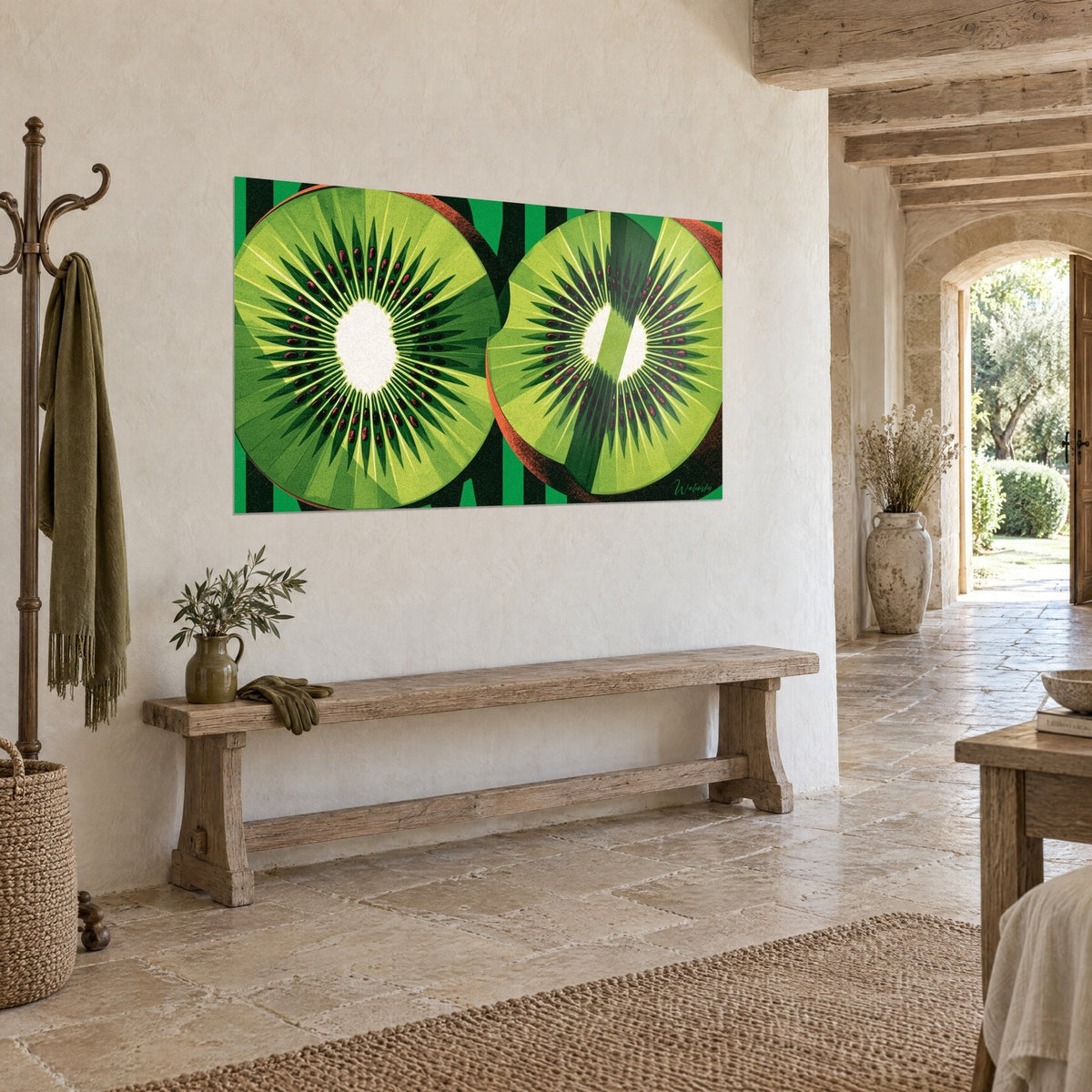 Wall art of a sliced exotic fruit, soft green rays around a cream core, brown skin, on a wooden bench in a stone house