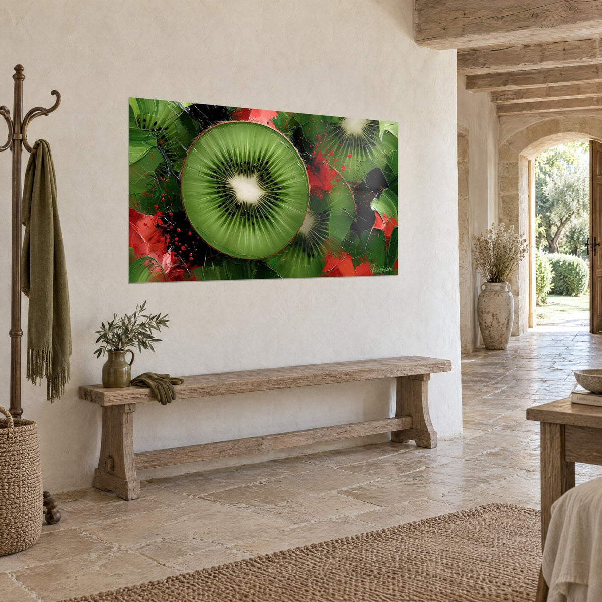 Wall art apple-green fruit with glowing black seeds, coral red cracks, hanging on the wall of a stone manor