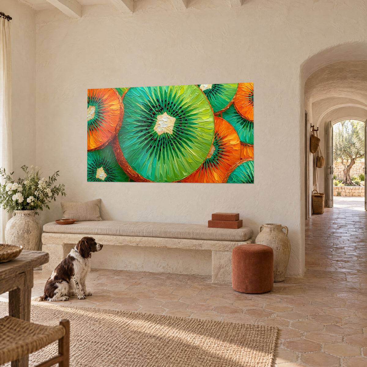 Quadro frutto tagliato con raggi verdi e semi neri, impasti arancio vivo, spaniel seduto, masseria provenzale