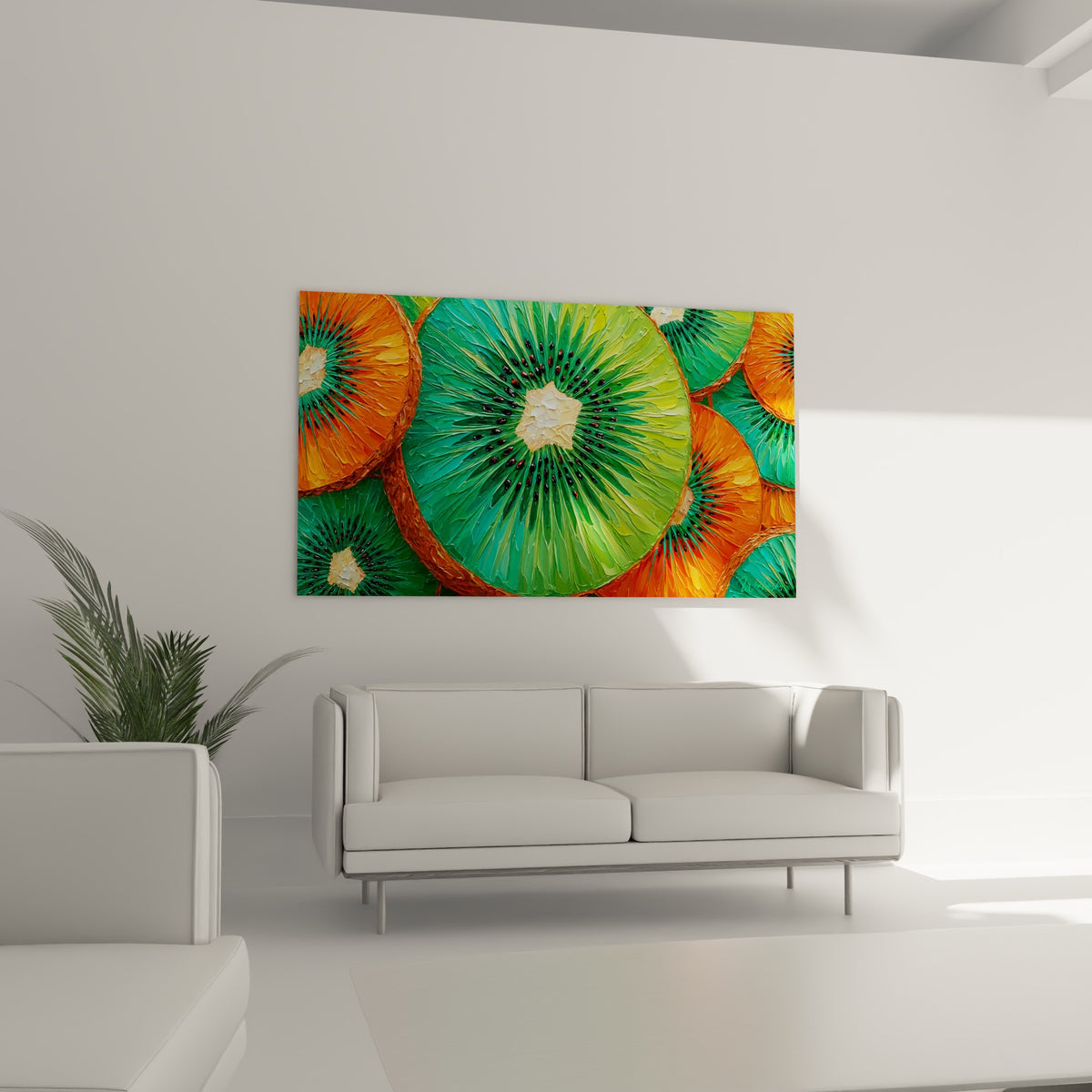 Fruit kiwi vert vif et écorce orangée peints en relief, au-dessus d'un canapé dans un salon lumineux