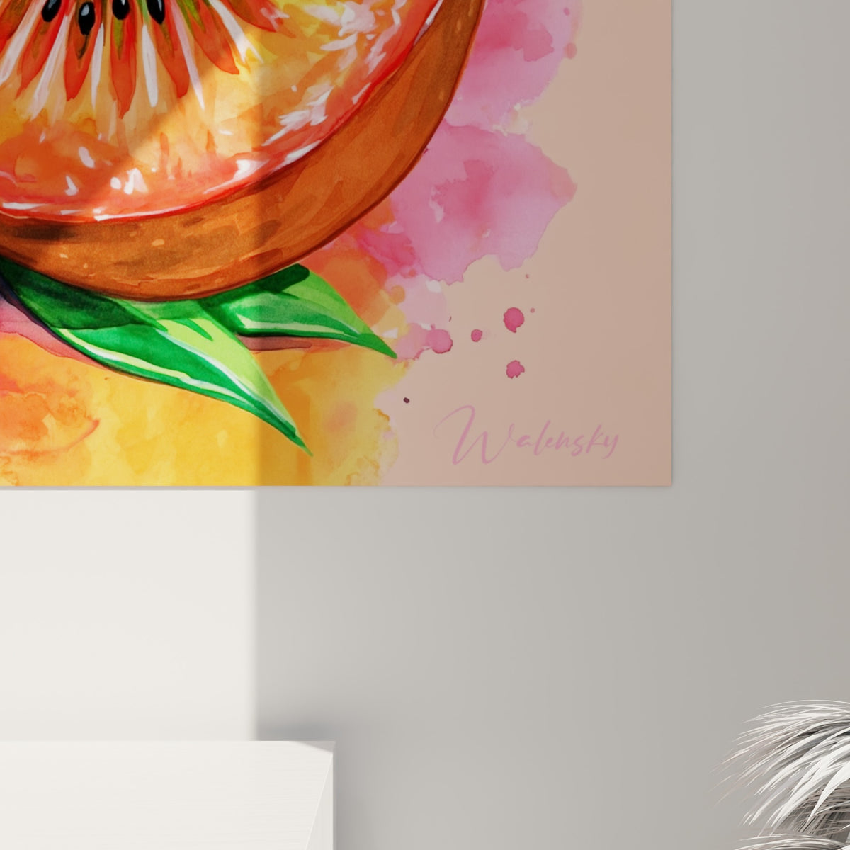 Empâtements aquarelle visibles sur la pulpe corail et les éclaboussures roses du kiwi tranché